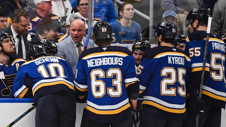 May 2, 2025; St. Louis, Missouri, USA; St. Louis Blues head coach Jim Montgomery speaks with members of the St. Louis Blues during a timeout in game six of the first round of the 2025 Stanley Cup Playoffs against the Winnipeg Jets at Enterprise Center. Mandatory Credit: Connor Hamilton-Imagn Images