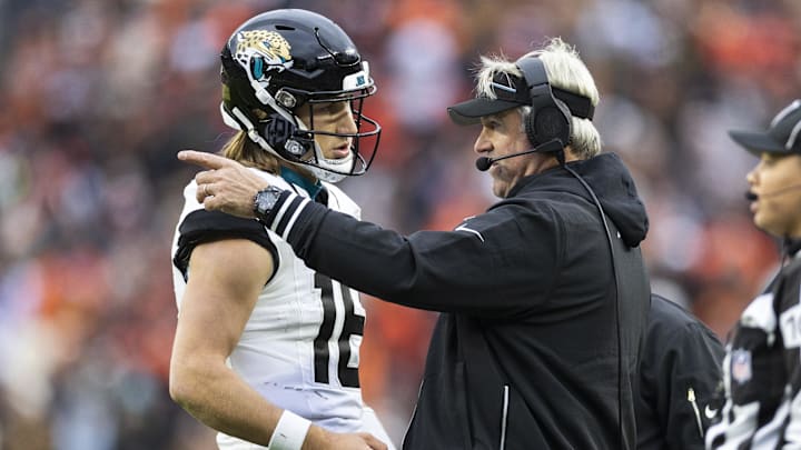 Dec 10, 2023; Cleveland, Ohio, USA; Jacksonville Jaguars head coach Doug Pederson talks with