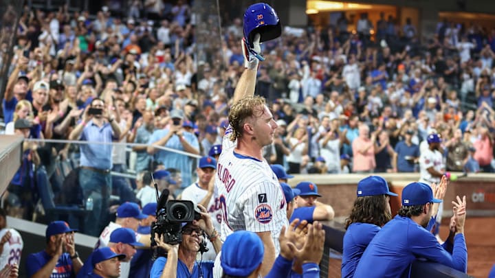 Aug 12, 2025; New York City, New York, USA;  New York Mets first baseman Pete Alonso (20) at Citi Field. Mandatory Credit: Wendell Cruz-Imagn Images