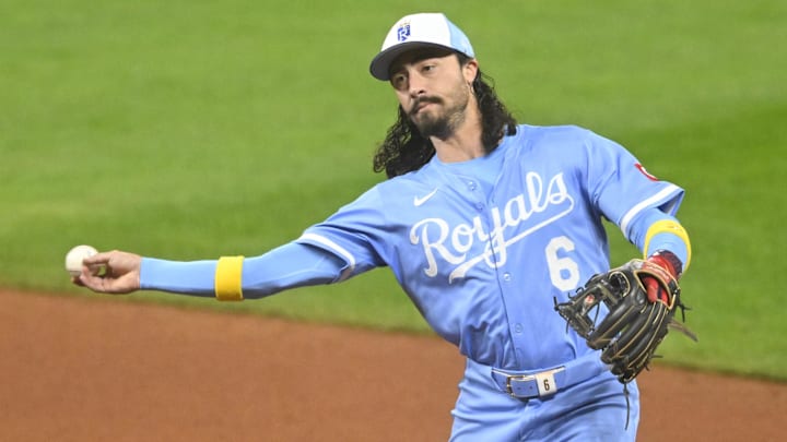 Sep 11, 2025; Cleveland, Ohio, USA; Kansas City Royals second baseman Jonathan India (6) throws to first base in the fourth inning against the Cleveland Guardians at Progressive Field. Mandatory Credit: David Richard-Imagn Images
