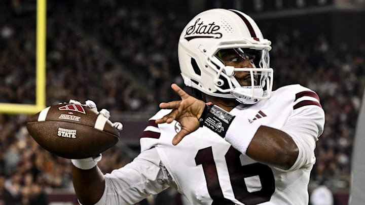 Nov 11, 2023; College Station, Texas, USA; Mississippi State Bulldogs quarterback Chris Parson (16) warms up on the sideline during the first quarter against the Texas A&M Aggies at Kyle Field. Mandatory Credit: Maria Lysaker-Imagn Images