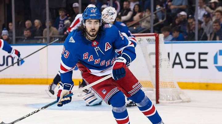 Apr 5, 2026; New York, New York, USA; New York Rangers center Mika Zibanejad (93) skates against the Washington Capitals during the second period at Madison Square Garden. Apr 5, 2026; New York, New York, USA; New York Rangers center Mika Zibanejad (93) skates against the Washington Capitals during the second period at Madison Square Garden.