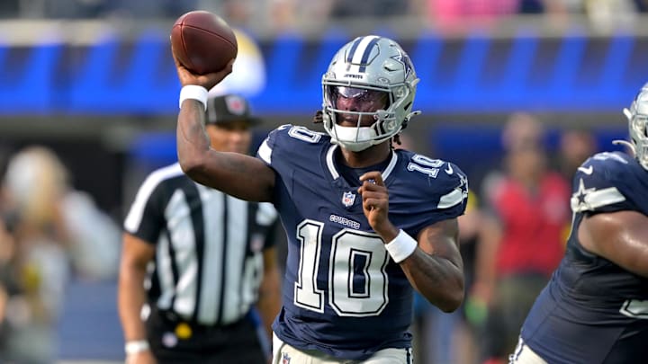 Aug 9, 2025; Inglewood, California, USA; Dallas Cowboys quarterback Joe Milton III (10) throws a pass during the first half against the Los Angeles Rams at SoFi Stadium. Mandatory Credit: Jayne Kamin-Oncea-Imagn Images