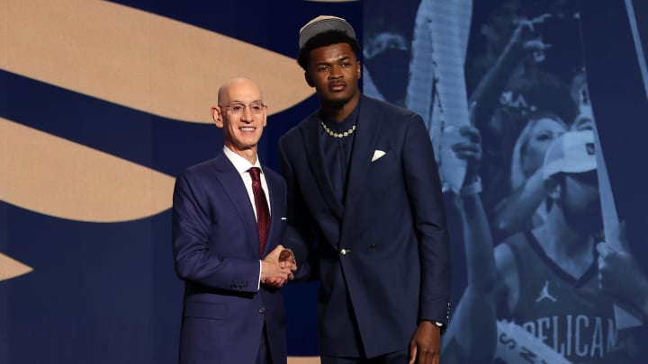 Jun 26, 2024; Brooklyn, NY, USA; Yves Missi poses for photos with NBA commissioner Adam Silver after being selected in the first round by the New Orleans Pelicans in the 2024 NBA Draft at Barclays Center. Mandatory Credit: Brad Penner-USA TODAY Sports