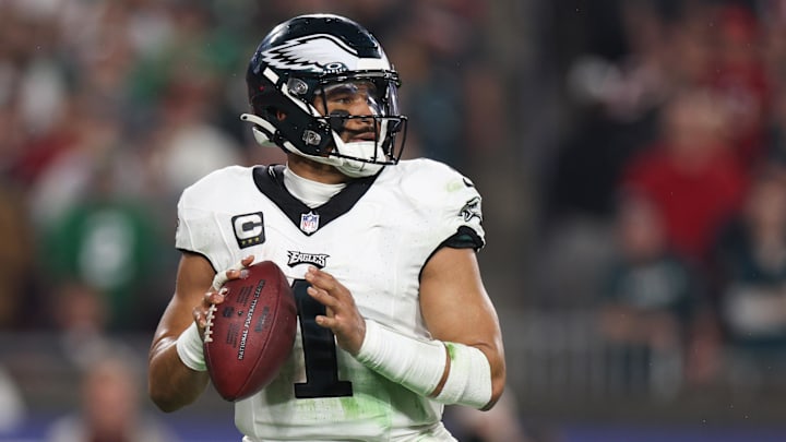 Jan 15, 2024; Tampa, Florida, USA; Philadelphia Eagles quarterback Jalen Hurts (1) looks to throw against the Tampa Bay Buccaneers during the second half of a 2024 NFC wild card game at Raymond James Stadium. Mandatory Credit: Nathan Ray Seebeck-USA TODAY Sports