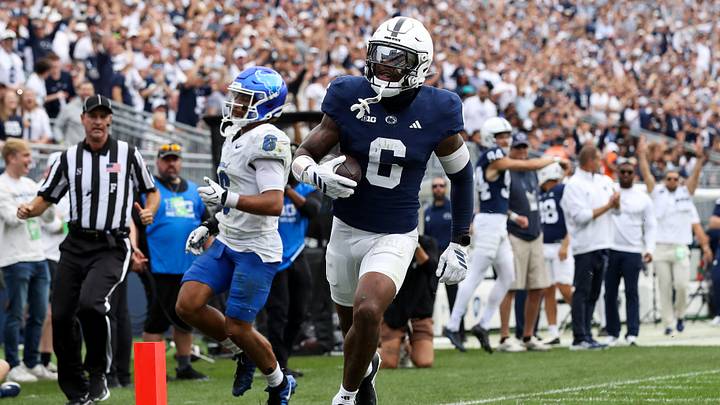 Penn State Nittany Lions wide receiver Koby Howard (6) scores a touchdown during the second quarter against the Buffalo Bulls at Beaver Stadium. Penn State Nittany Lions wide receiver Koby Howard (6) scores a touchdown during the second quarter against the Buffalo Bulls at Beaver Stadium.