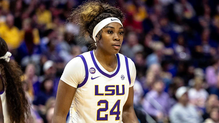 Nov 8, 2024; Baton Rouge, Louisiana, USA;  LSU Lady Tigers guard Aneesah Morrow (24) looks on against the Northwestern State Lady Demons during the first half at Pete Maravich Assembly Center. Mandatory Credit: Stephen Lew-Imagn Images