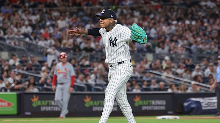 Aug 30, 2024; Bronx, New York, USA; New York Yankees starting pitcher Marcus Stroman (0) reacts after a double play ends the top of the sixth inning against the St. Louis Cardinals at Yankee Stadium.