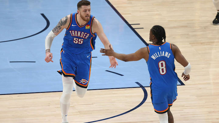 Apr 26, 2025; Memphis, Tennessee, USA; Oklahoma City Thunder center Isaiah Hartenstein (55) reacts with forward Jalen Williams (8) during the second quarter against the Memphis Grizzlies during game four for the first round of the 2024 NBA Playoffs at FedExForum. Mandatory Credit: Petre Thomas-Imagn Images