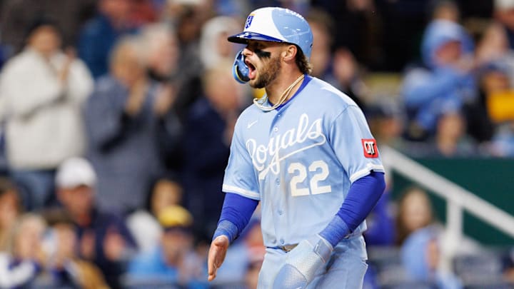Apr 4, 2026; Kansas City, Missouri, USA; Kansas City Royals catcher Carter Jensen (22) reacts after scoring during the sixth inning against the Milwaukee Brewers at Kauffman Stadium. Mandatory Credit: William Purnell-Imagn Images Apr 4, 2026; Kansas City, Missouri, USA; Kansas City Royals catcher Carter Jensen (22) reacts after scoring during the sixth inning against the Milwaukee Brewers at Kauffman Stadium. Mandatory Credit: William Purnell-Imagn Images