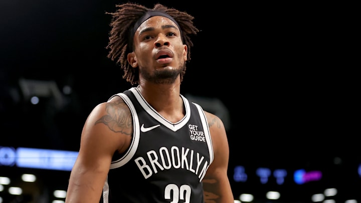 Mar 28, 2025; Brooklyn, New York, USA; Brooklyn Nets center Nic Claxton (33) reacts during the first quarter against the Los Angeles Clippers at Barclays Center. Mandatory Credit: Brad Penner-Imagn Images