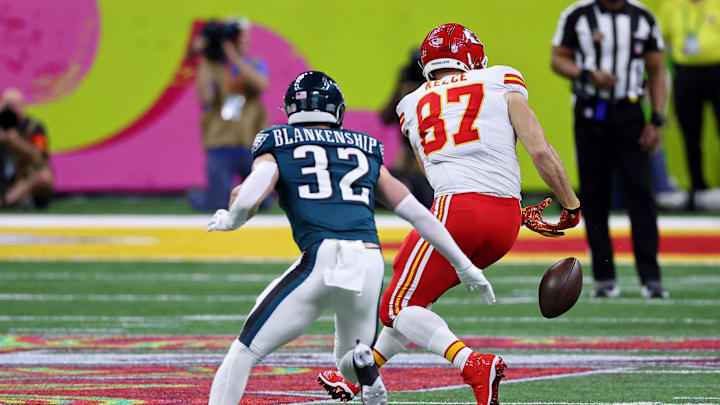 Kelce didn't haul in a single pass in the first half of Super Bowl LIX.