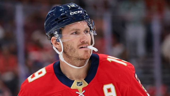 Florida Panthers left wing Matthew Tkachuk (19) looks on against the Vancouver Canucks during the third period at Amerant Bank Arena. Mandatory Credit: Sam Navarro-Imagn Images