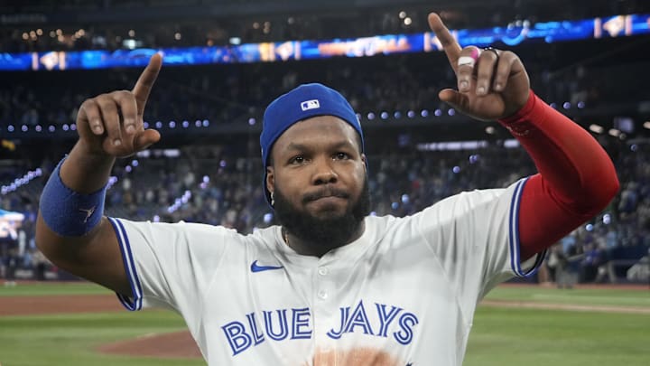 Oct. 19, 2025; Toronto, Ontario, CAN; Toronto Blue Jays first baseman Vladimir Guerrero Jr. (27) celebrates after defeating the Seattle Mariners during game six of the ALCS round for the 2025 MLB playoffs at Rogers Centre.