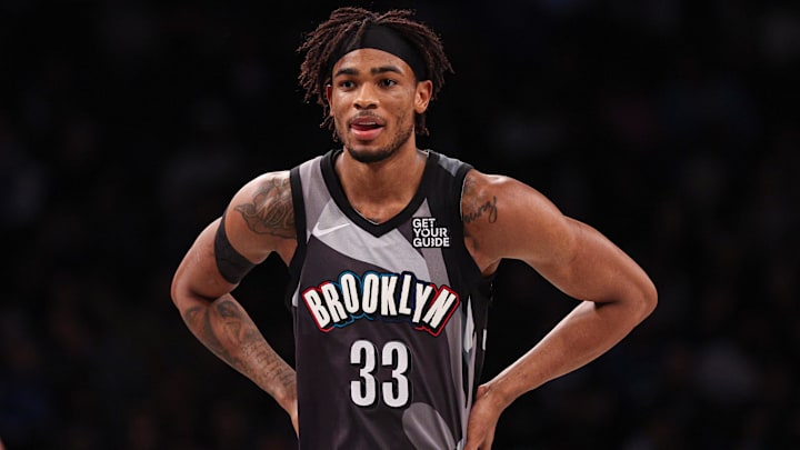 Mar 24, 2025; Brooklyn, New York, USA; Brooklyn Nets center Nic Claxton (33) looks on during the first half against the Dallas Mavericks at Barclays Center. Mandatory Credit: Vincent Carchietta-Imagn Images