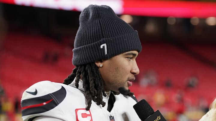 Dec 7, 2025; Kansas City, Missouri, USA; Houston Texans quarterback C.J. Stroud (7) is interviewed after the game against the Kansas City Chiefs at GEHA Field at Arrowhead Stadium. Mandatory Credit: Denny Medley-Imagn Images