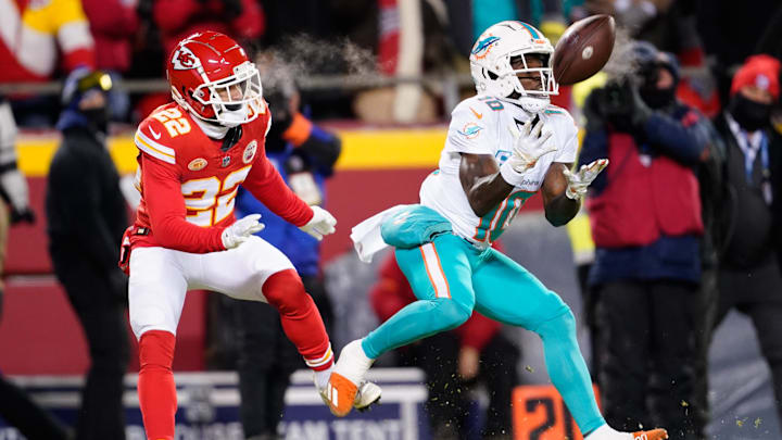 Jan 13, 2024; Kansas City, Missouri, USA; Miami Dolphins wide receiver Tyreek Hill (10) catches a