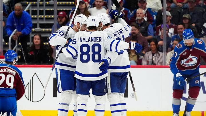 Oct 10, 2026; Denver, Colorado, USA; Members of the Toronto Maple Leafs celebrate a goal scored in the second period against the Colorado Avalanche at Ball Arena. Mandatory Credit: Ron Chenoy-Imagn Images Oct 10, 2026; Denver, Colorado, USA; Members of the Toronto Maple Leafs celebrate a goal scored in the second period against the Colorado Avalanche at Ball Arena. Mandatory Credit: Ron Chenoy-Imagn Images