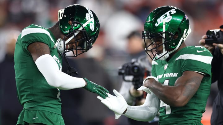 Dec 28, 2023; Cleveland, Ohio, USA; New York Jets cornerbacks Sauce Gardner (left) and D.J. Reed (4) before the game against the Cleveland Browns at Cleveland Browns Stadium. 
