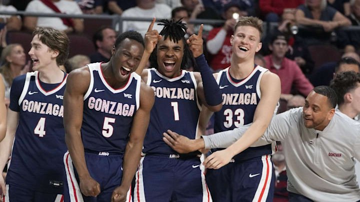 March 11, 2025; Las Vegas, NV, USA; Gonzaga Bulldogs celebrates against the St. Mary's Gaels during the second half in the final of the West Coast Conference tournament at Orleans Arena.