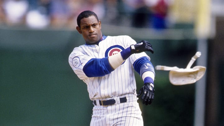 1998, Chicago, IL, USA; FILE PHOTO; Chicago Cubs right fielder Sammy Sosa reacts after a play against the St Louis Cardinals at Wrigley Field during the 1998 season.