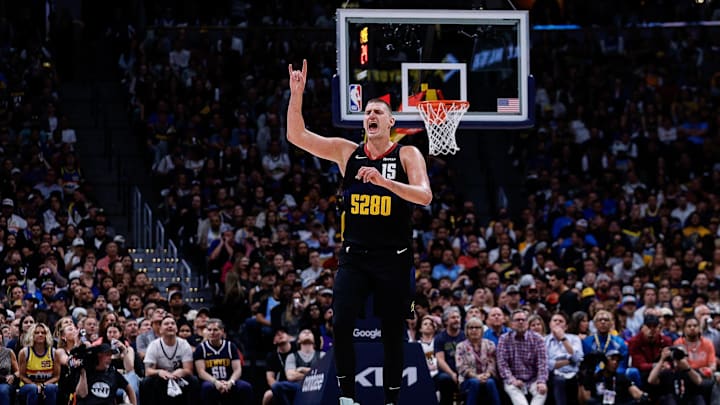 May 14, 2024; Denver, Colorado, USA; Denver Nuggets center Nikola Jokic (15) gestures in the third