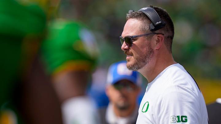 Oregon head coach Dan Lanning looks on as the Oregon Ducks host the Boise State Broncos on Sept. 5, 2026, at Autzen Stadium in Eugene, Oregon.
