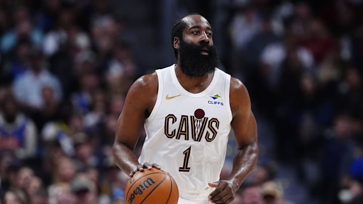 Feb 9, 2026; Denver, Colorado, USA; Cleveland Cavaliers guard James Harden (1)  during the second quarter against the Denver Nuggets at Ball Arena. Mandatory Credit: Ron Chenoy-Imagn Images