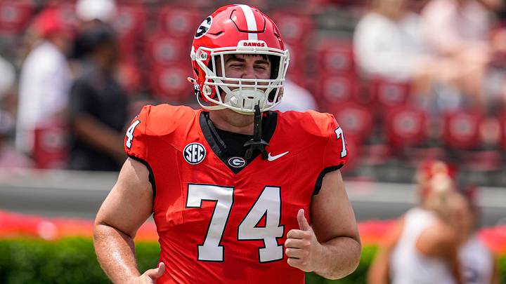 Apr 18, 2026; Athens, GA, USA; Georgia Bulldogs center Drew Bobo (74) runs during the Georgia Spring football game at Sanford Stadium. Mandatory Credit: Dale Zanine-Imagn Images
