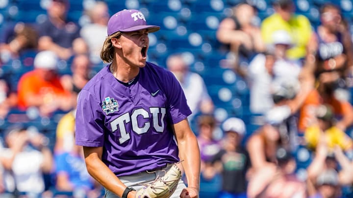 Jun 18, 2023; Omaha, NE, USA; TCU Horned Frogs pitcher Ben Abeldt (46) celebrates after defeating the Virginia Cavaliers at Charles Schwab Field Omaha. 