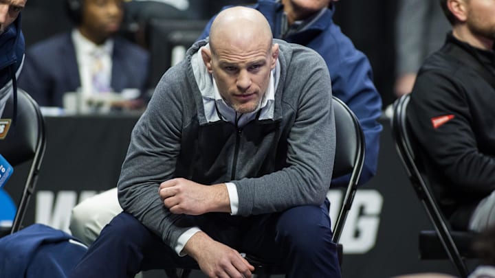 Penn State Nittany Lions wrestling coach Cael Sanderson watches a match during the NCAA Wrestling Championships at the BOK Center. 