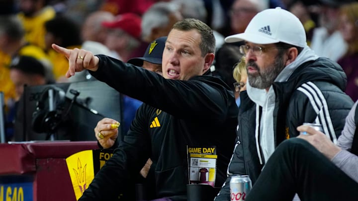 Arizona State football head coach Kenny Dillingham comes to watch the team against Iowa State during a game at Desert Financial Arena on Jan. 25, 2025 in Tempe.