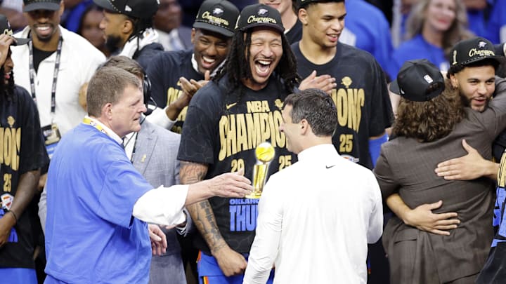 Jun 22, 2025; Oklahoma City, Oklahoma, USA; Oklahoma City Thunder forward Jaylin Williams (6) celebrates with head coach Mark Daigneault after winning game seven of the 2025 NBA Finals against the Indiana Pacers at Paycom Center. Mandatory Credit: Alonzo Adams-Imagn Images Jun 22, 2025; Oklahoma City, Oklahoma, USA; Oklahoma City Thunder forward Jaylin Williams (6) celebrates with head coach Mark Daigneault after winning game seven of the 2025 NBA Finals against the Indiana Pacers at Paycom Center. Mandatory Credit: Alonzo Adams-Imagn Images