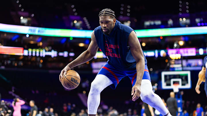 Apr 12, 2024; Philadelphia, Pennsylvania, USA; Philadelphia 76ers center Joel Embiid