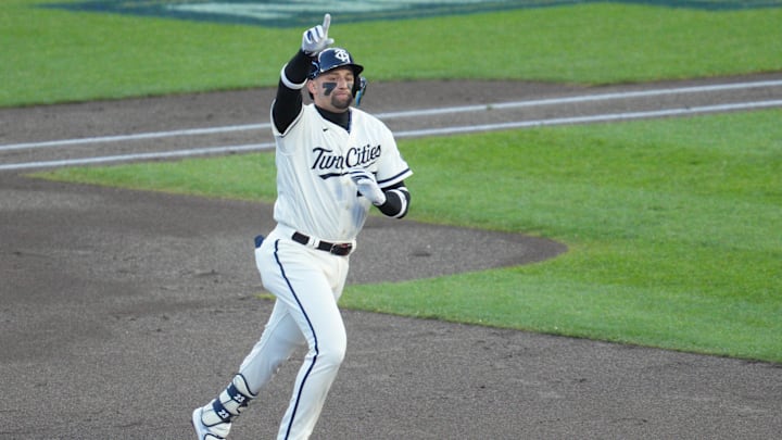 Oct 11, 2023; Minneapolis, Minnesota, USA; Minnesota Twins third baseman Royce Lewis (23) rounds the bases after hitting a solo home-run in the first inning against the Houston Astros during game four of the ALDS for the 2023 MLB playoffs at Target Field. Mandatory Credit: Matt Blewett-Imagn Images