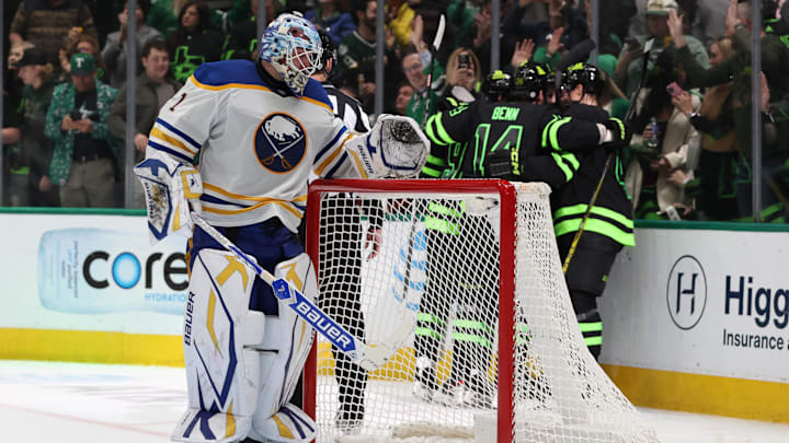 Dec 31, 2024; Dallas, Texas, USA; Buffalo Sabres goaltender Ukko-Pekka Luukkonen (1) reacts after giving up a goal against the Dallas Stars during the third period at American Airlines Center. Mandatory Credit: Tim Heitman-Imagn Images Dec 31, 2024; Dallas, Texas, USA; Buffalo Sabres goaltender Ukko-Pekka Luukkonen (1) reacts after giving up a goal against the Dallas Stars during the third period at American Airlines Center. Mandatory Credit: Tim Heitman-Imagn Images