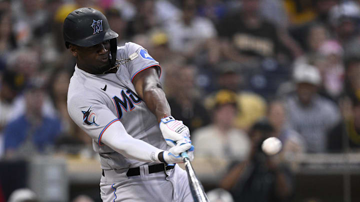 Aug 22, 2023; San Diego, California, USA; Miami Marlins designated hitter Jorge Soler (12) hits a
