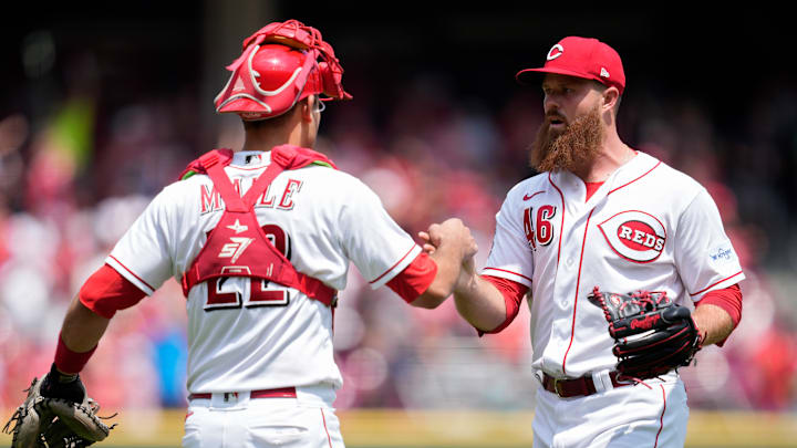 Cincinnati Reds players Buck Farmer, Luke Maile