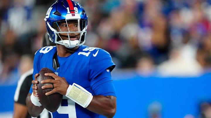 New York Giants quarterback Jameis Winston (19) looks for an open teammate, Thursday, August 21, 2025, in East Rutherford.