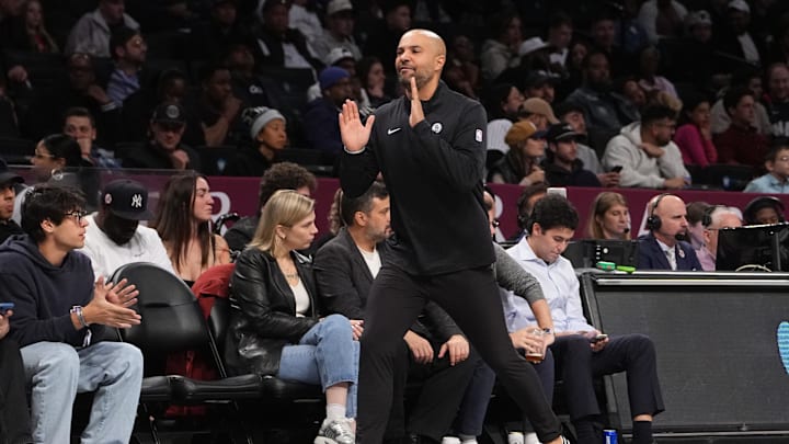 Oct 14, 2024; Brooklyn, New York, USA; Brooklyn Nets head coach Jordi Fernandez motions to his players on the court during the first half against the Washington Wizards at Barclays Center. Mandatory Credit: Gregory Fisher-Imagn Images