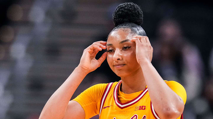 USC Trojans guard JuJu Watkins (12) reacts to the cation Saturday, March 8, 2025, in a semifinals game at the 2025 TIAA Big Ten Women's Basketball Tournament between the Iowa Hawkeyes and the Ohio State Buckeyes at Gainbridge Fieldhouse in Indianapolis.