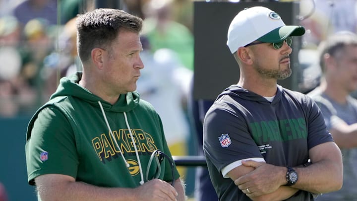 Green Bay Packers general manager Brian Gutekunst, left and head coach Matt LaFleur are shown during a joint practice with the Seattle Seahawks Thursday, August 21, 2025 in Green Bay, Wisconsin. Green Bay Packers general manager Brian Gutekunst, left and head coach Matt LaFleur are shown during a joint practice with the Seattle Seahawks Thursday, August 21, 2025 in Green Bay, Wisconsin.