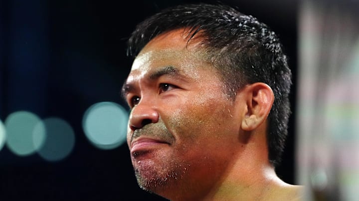 Jul 19, 2025; Las Vegas, Nevada,  USA; Manny Pacquiao smiles before his fight against Mario Barrios at MGM Grand Garden Arena. Mandatory Credit: Stephen R. Sylvanie-Imagn Images