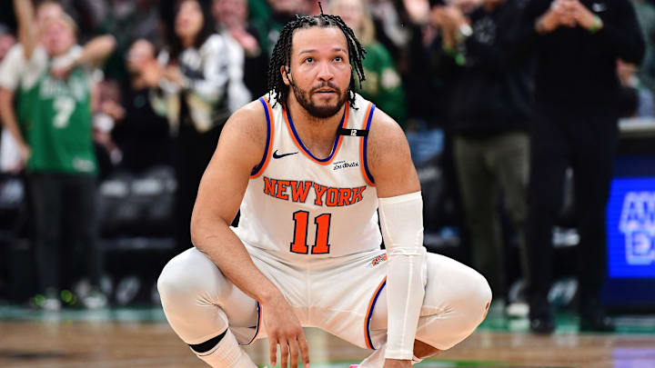 May 14, 2025; Boston, Massachusetts, USA; New York Knicks guard Jalen Brunson (11) fouls out of the game in the second half during game five of the second round for the 2025 NBA Playoffs against the Boston Celtics at TD Garden. Mandatory Credit: Bob DeChiara-Imagn Images May 14, 2025; Boston, Massachusetts, USA; New York Knicks guard Jalen Brunson (11) fouls out of the game in the second half during game five of the second round for the 2025 NBA Playoffs against the Boston Celtics at TD Garden. Mandatory Credit: Bob DeChiara-Imagn Images
