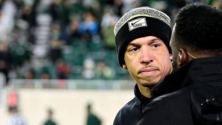 Purdue Boilermakers head coach Ryan Walters watches his team 