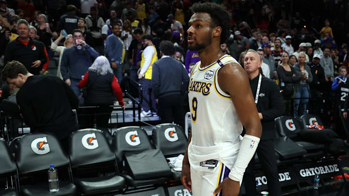Apr 13, 2025; Portland, Oregon, USA; Los Angeles Lakers guard Bronny James (9) waits for his team to exit Moda Center after the Lakers were defeated by Portland Trail Blazers at Moda Center. Mandatory Credit: Jaime Valdez-Imagn Images