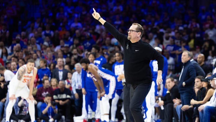 May 2, 2024; Philadelphia, Pennsylvania, USA; Philadelphia 76ers head coach Nick Nurse against the New York Knicks during game six of the first round for the 2024 NBA playoffs at Wells Fargo Center. Mandatory Credit: Bill Streicher-USA TODAY Sports May 2, 2024; Philadelphia, Pennsylvania, USA; Philadelphia 76ers head coach Nick Nurse against the New York Knicks during game six of the first round for the 2024 NBA playoffs at Wells Fargo Center. Mandatory Credit: Bill Streicher-USA TODAY Sports