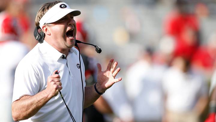 Georgia football coach Kirby Smart yells at G-Day. Georgia football coach Kirby Smart yells at G-Day.