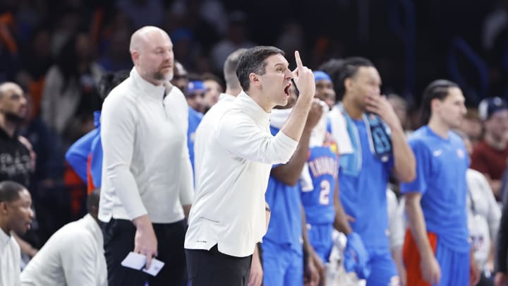 Mar 20, 2024; Oklahoma City, Oklahoma, USA; Oklahoma City Thunder head coach Mark Daigneault calls for a review after a play against the Utah Jazz during the second half at Paycom Center. Mandatory Credit: Alonzo Adams-USA TODAY Sports Mar 20, 2024; Oklahoma City, Oklahoma, USA; Oklahoma City Thunder head coach Mark Daigneault calls for a review after a play against the Utah Jazz during the second half at Paycom Center. Mandatory Credit: Alonzo Adams-USA TODAY Sports