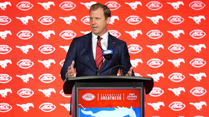 Jul 22, 2025; Charlotte, NC, USA; Southern Methodist head coach Rhett Lashlee answers questions from the media during ACC Media Days at Hilton Charlotte Uptown. Mandatory Credit: Jim Dedmon-Imagn Images